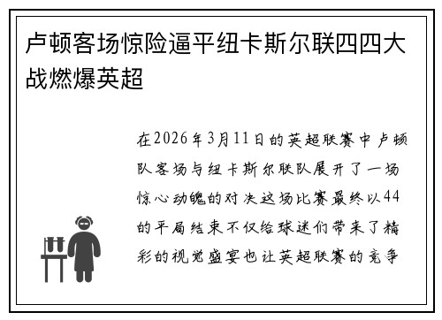 卢顿客场惊险逼平纽卡斯尔联四四大战燃爆英超 卢顿客场惊险逼平纽卡斯尔联四四大战燃爆英超