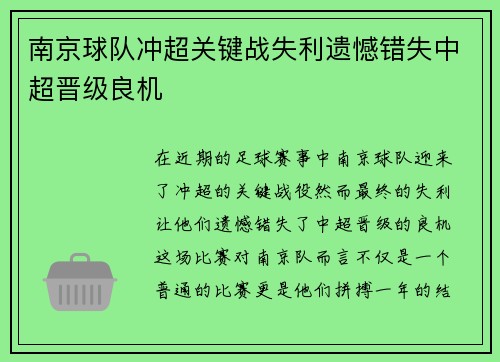 南京球队冲超关键战失利遗憾错失中超晋级良机